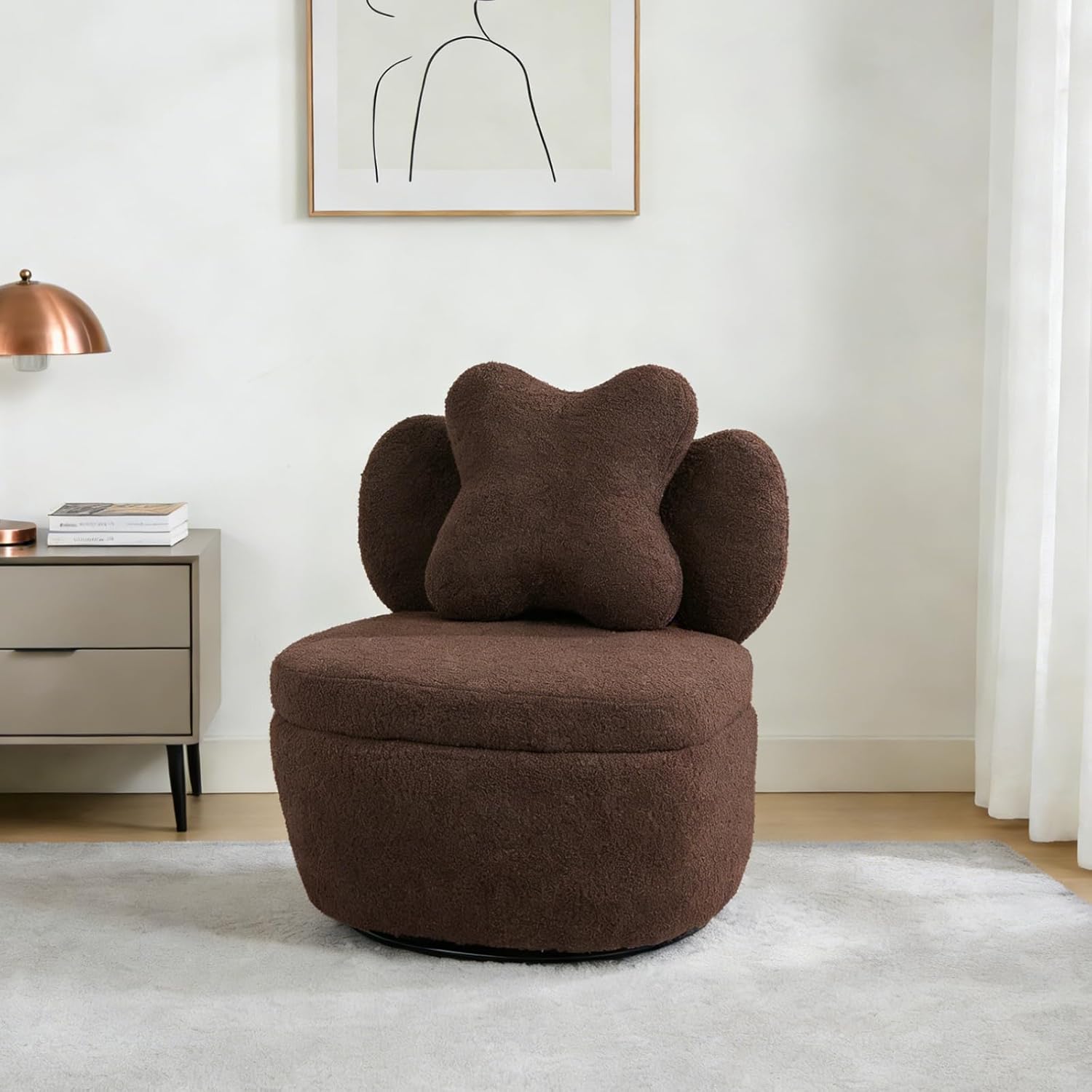 Garvee 360° Swivel Armchair with Storage, Teddy Velvet Accent Chair with Pillow, Ergonomic Design, 300 Lbs Capacity, Easy Assembly, Modern Lounge Chair for Living Room, Bedroom & Office, Brown