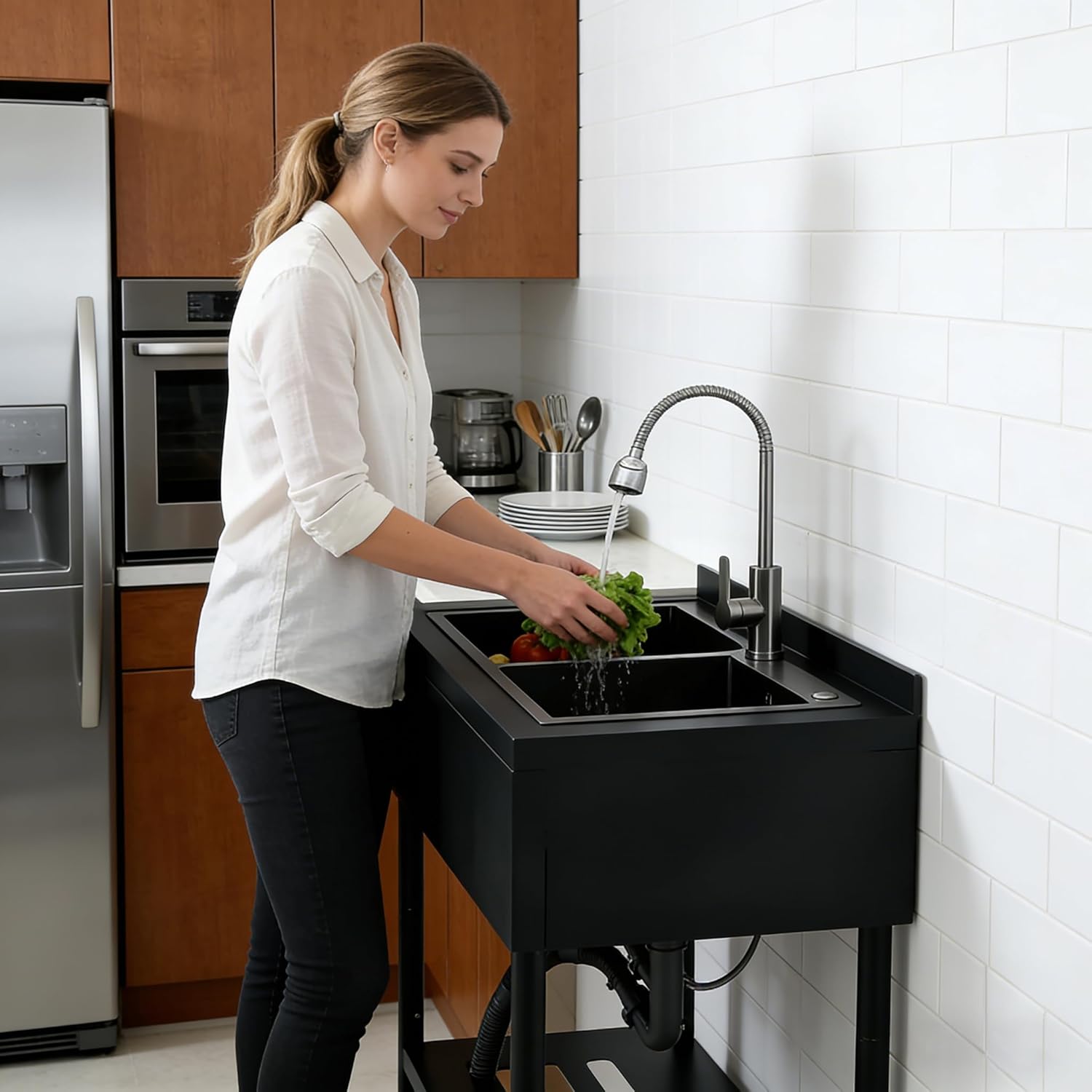 Garvee 22"D X 37"W X 39"H Freestanding Stainless Steel Double Bowl Kitchen basin - 360° Rotating Faucet - Durable, Rust Proof, Easy to Clean - Modern Black Finish - For Home, Kitchen, Bar, Laundry