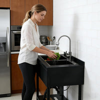 Garvee 22"D X 37"W X 39"H Freestanding Stainless Steel Double Bowl Kitchen basin - 360° Rotating Faucet - Durable, Rust Proof, Easy to Clean - Modern Black Finish - For Home, Kitchen, Bar, Laundry