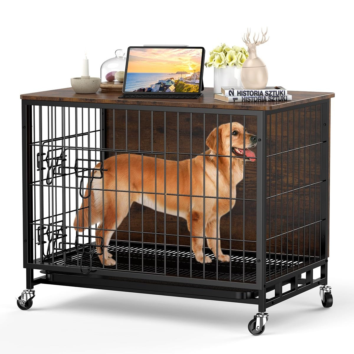 Garvee Dog Crate Furniture, Heavy-Duty Double-Doors Dog Cage End Table with Removable Tray and Wheels, 38.6" Wooden Dog Kennel, Indoor Dog House for Large Dogs, Brown