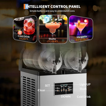Garvee Commercial Slushy Machine 15Lx2, Stainless Steel Double Tank Frozen Drink Machine with Self-Cleaning Mode, 900W Maker Smoothie Machine for Supermarkets Cafes Restaurants Bars Home Use