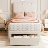 Garvee Twin Bed Frame With Under-bed Drawer, White velvet Upholstered Platform Bed with Wave Headboard for Kids / Girls, Wooden Slats Support, No Box Spring Needed, Beige - Velvet|Beige