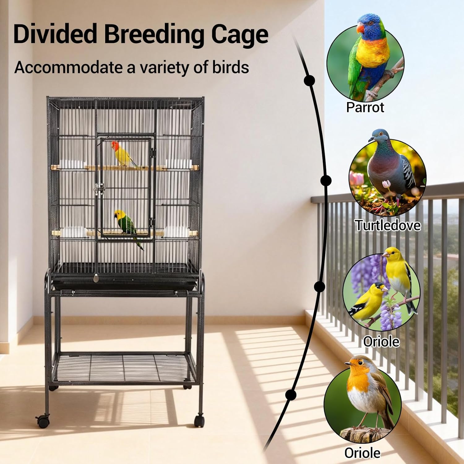 Garvee Bird Cage with Wheels, 53 Inch Bird Flight Cage, Wrought Iron Standing Large Parrot Parakeet Flight Birds Cages with Slide Out Tray Parrot Metal Parakeet Cages with Wooden Perches Black