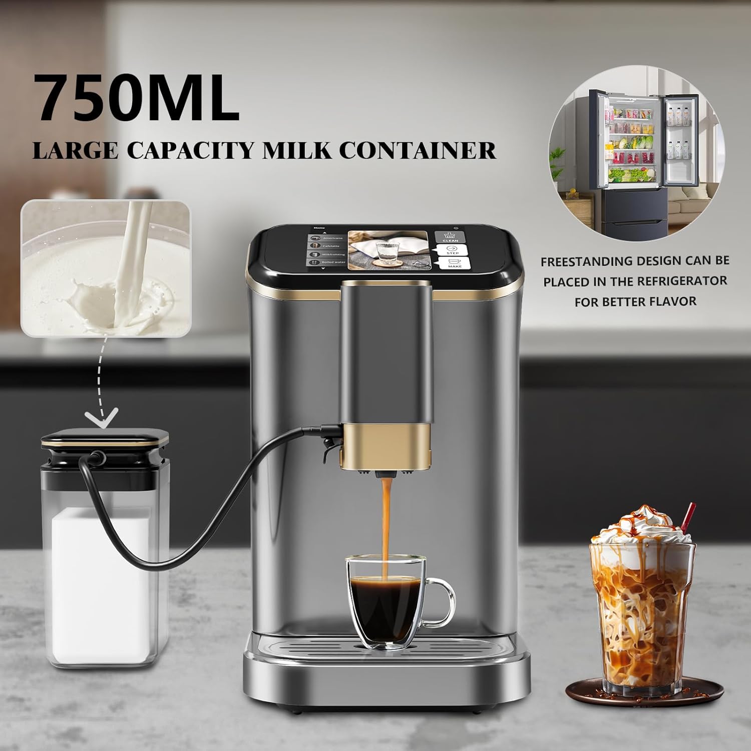 Garvee Best fully automatic espresso machine, Espresso Coffee Machines With Milk Frother Steam Wand, Insulated Milk Container for Cappuccino, Latte, Espresso Maker (20 bar, Gold)