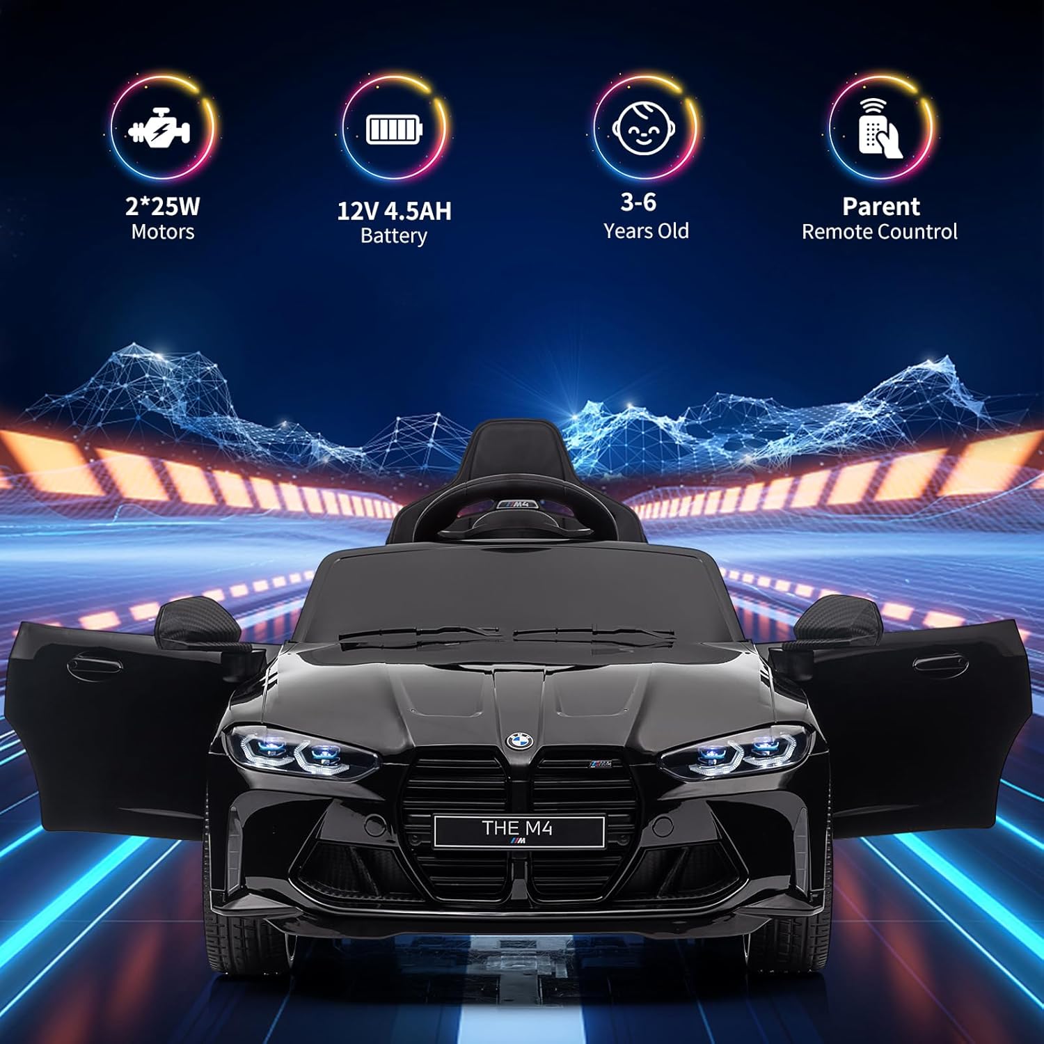 Garvee Ride - P Series: 12V Electric Ride On Car for 37-83 Months, w/RC,Licensed by BMW M4,Power Wheels for Boys Girls, with Suspension System,3 Speeds, Bluetooth, MP3, Double Door, LED Light - Black
