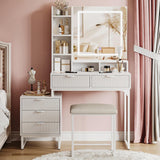 Garvee Chic White Makeup Vanity Desk Set with Mirror and 3-Mode Led Lighting – Features 5 Drawers, Removable Side Storage Cabinet, and Comfortable Stool – Ideal for Bedroom Decor - White Handle & White Frame