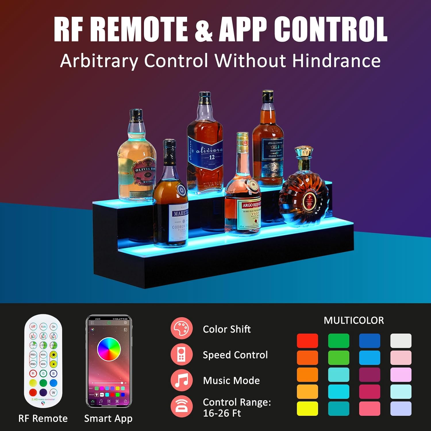 Garvee LED Bar Shelf,Wall Mounted Acrylic Liquor Bottle Rack with Remote & App Control,Multicolor Lighting, 4 Modes,for Restaurants, Nightclubs, Home Bars,2 Tier,16inch