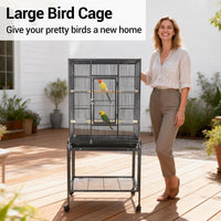 Garvee Bird Cage with Wheels, 53 Inch Bird Flight Cage, Wrought Iron Standing Large Parrot Parakeet Flight Birds Cages with Slide Out Tray Parrot Metal Parakeet Cages with Wooden Perches Black