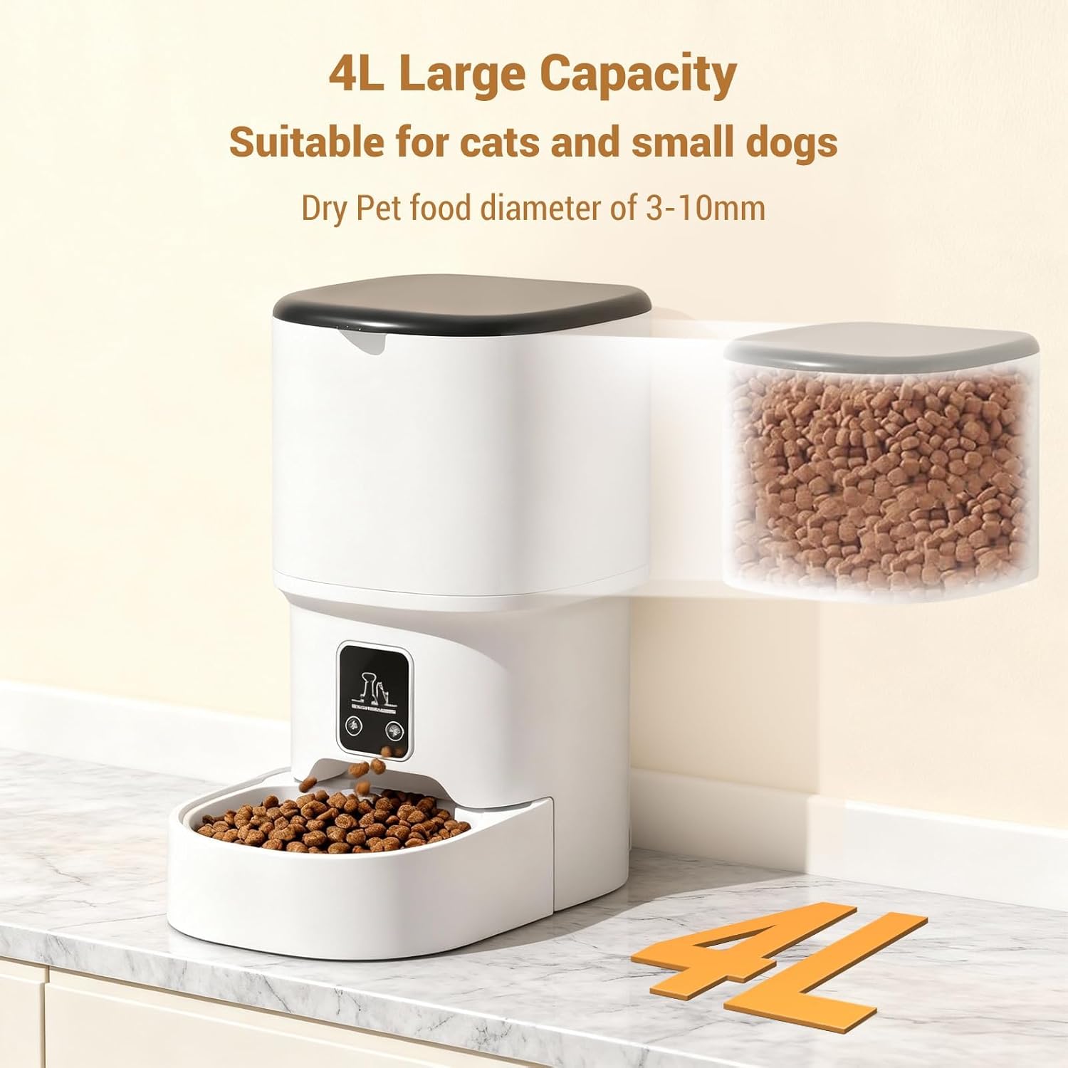 Garvee Automatic Dog & Cat Feeder 4L, Programmable Up to 6 Timed Meals, Portion Control, Dual Power, Stainless Steel Bowl, Easy to Clean, Dampness-Proof, Smart Food Dispenser, White