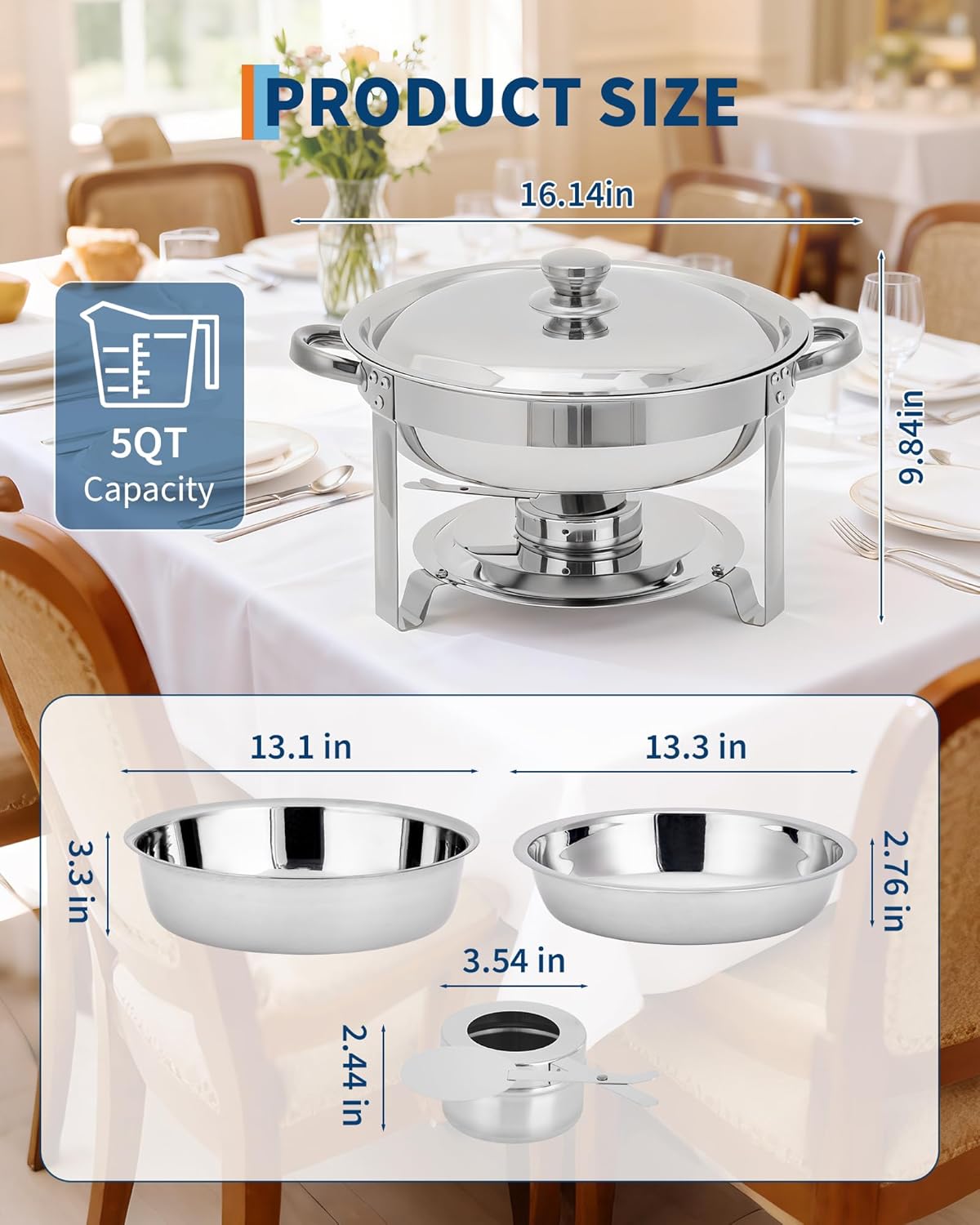 Garvee Industrial 4 Pack 5QT Stainless Steel Round Chafing Dish Buffet Set - Insulated Food Warmer with Stackable Lids for Catering, Parties, Weddings, Banquets - Durable Portable Server, 4pcs