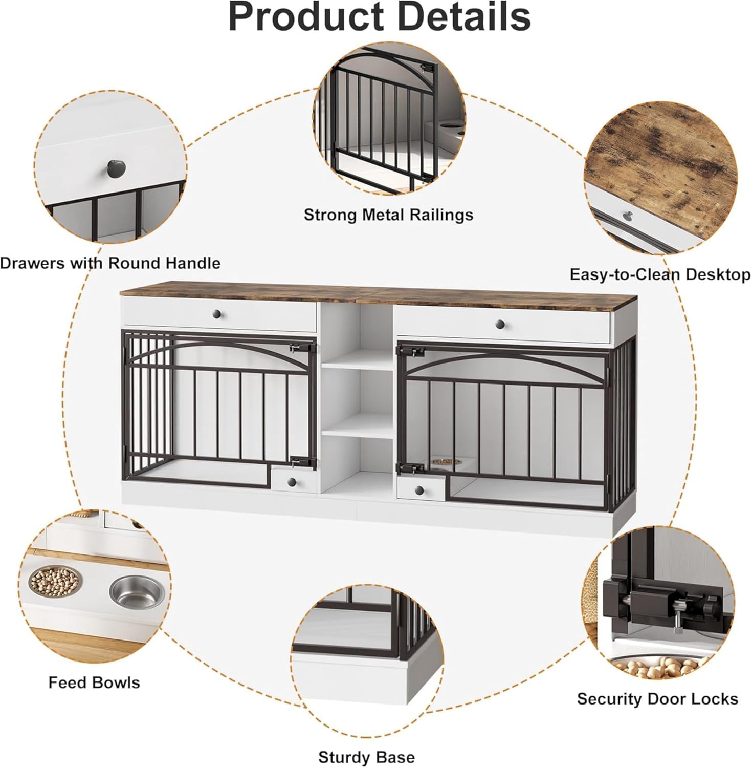Garvee Dog Crate Furniture for 2 Dogs, 78.7" Large Dog Kennel Indoor with 2 Storage Drawers, 3 Shelves and Feeding Bowls, Double Dog Crate TV Stand for Small and Medium Dogs, White&Brown Top