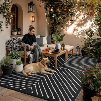 Garvee 9' x 12' Waterproof Reversible Outdoor Rug – Modern Black & White Geometric Patio Mat – Durable, Collapsible, Easy Clean – For RV, Deck, Backyard, Porch, Balcony, Beach, Camping