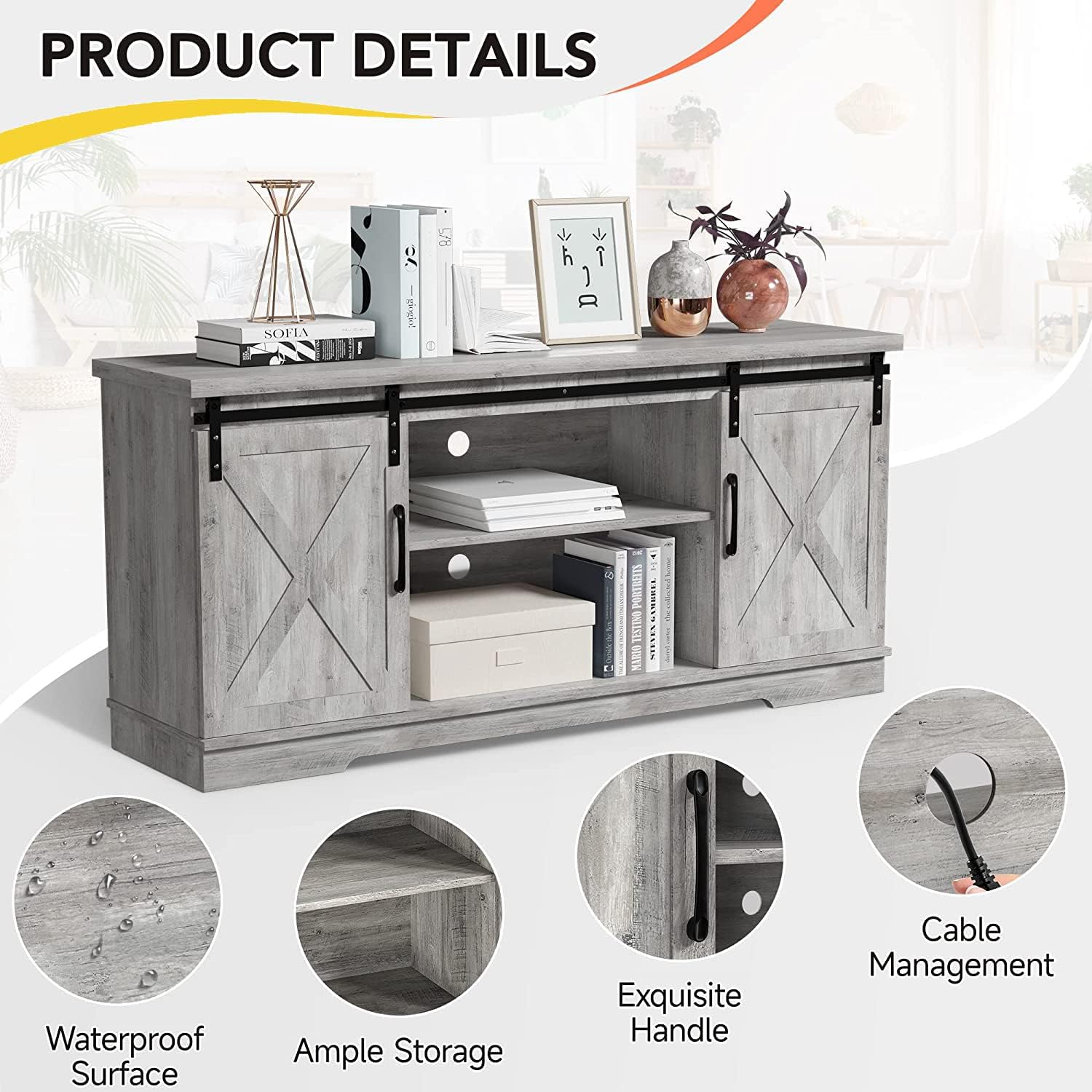 Garvee 59 inch Farmhouse TV Stand, Cabinet with Barn Doors, Wood Media Console for Living Bedroom, 250 lbs Capacity, Grey