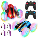 Garvee 2 Pack Remote Control Car Toys for Kids, 2.4GHz RC Stunt Cars with Wheel Lights, Drift High Speed 4WD Off Road Double Sided 360° Rotating Cars, for Boys Girls - Red Blue