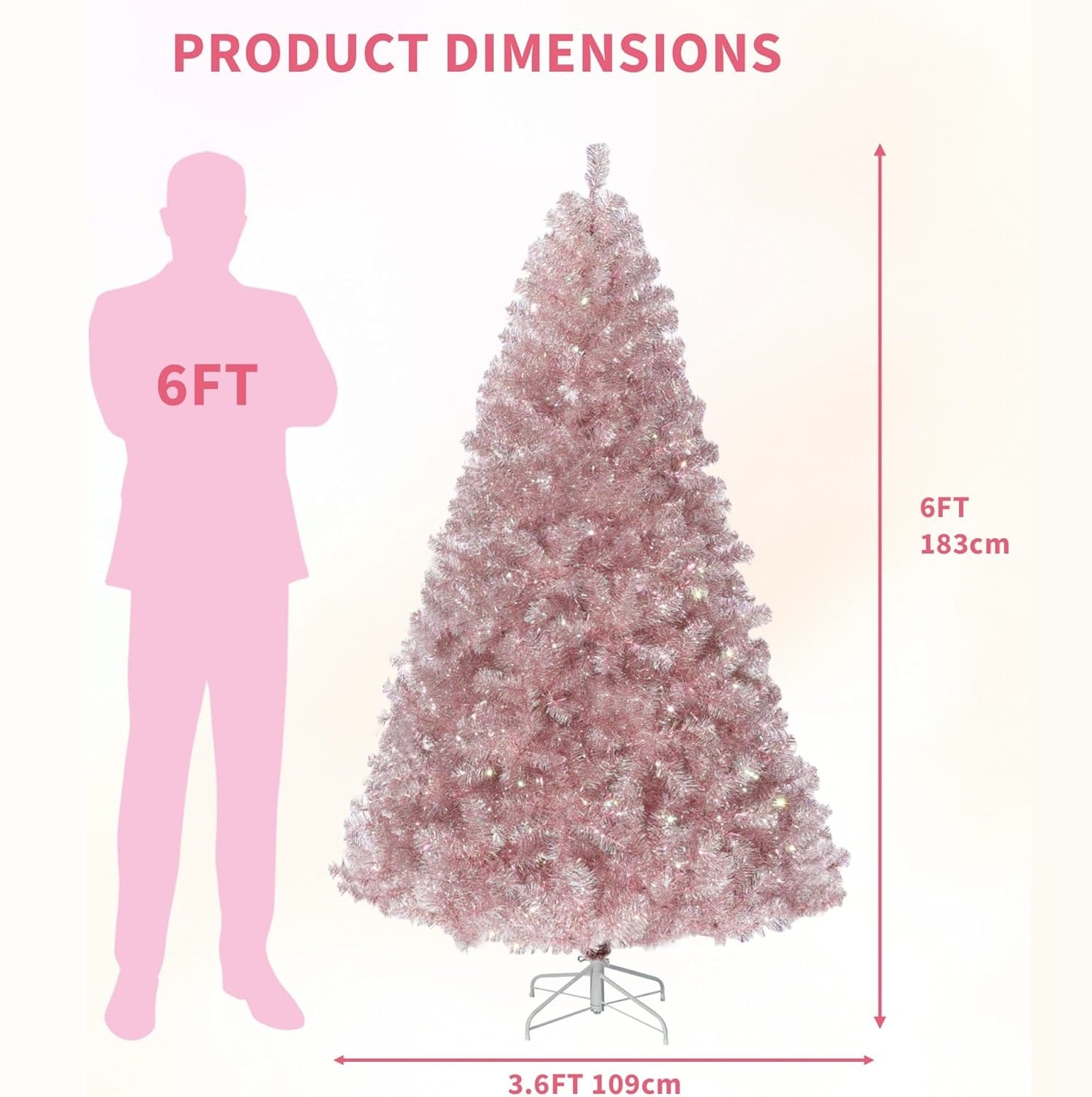 Garvee 6FT Prelit Rose Gold Tinsel Artificial Christmas Tree LED Lights Metal Stand Flame-Retardant PVC Home Office Party