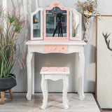 Garvee Kids Vanity, Girls Vanity Table with Tri-Folding Mirror,Stool & Drawer, 2 in 1 Wooden Princess Makeup Desk Dressing Table, Toddler Vanity,Pretend Play Vanity Set for Kids - Pink Snow Print - Pink Snow Print