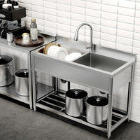 Garvee 22"D x 47"W x 37"H 2-Compartment Commercial Sink, Stainless Steel Utility Sink with Pull-out Faucet, Free Standing Double Bowl Kitchen Sink for Restaurant, Garage, Shop, Cafe, Outoor