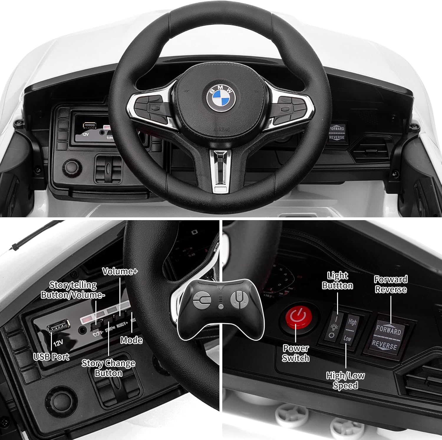 Garvee Ride - P Series: 12V Electric Ride On Car for 37-83 Months, w/RC,Licensed by BMW M4,Power Wheels for Boys Girls, with Suspension System,3 Speeds, Bluetooth, MP3, Double Door, LED Light - White