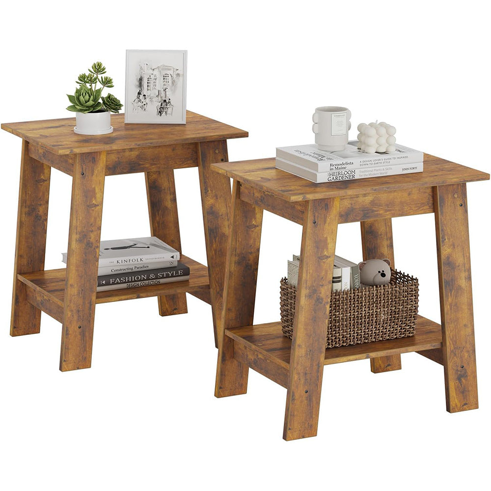 Garvee End Table, Small Side Table, Set of 2 Nightstand with 2-Tier Storage Shelf, Wood Bedside Table, Narrow Side Table Living Room, Side Table for Small Spaces, Bedroom, Entryway, Rustic Brown
