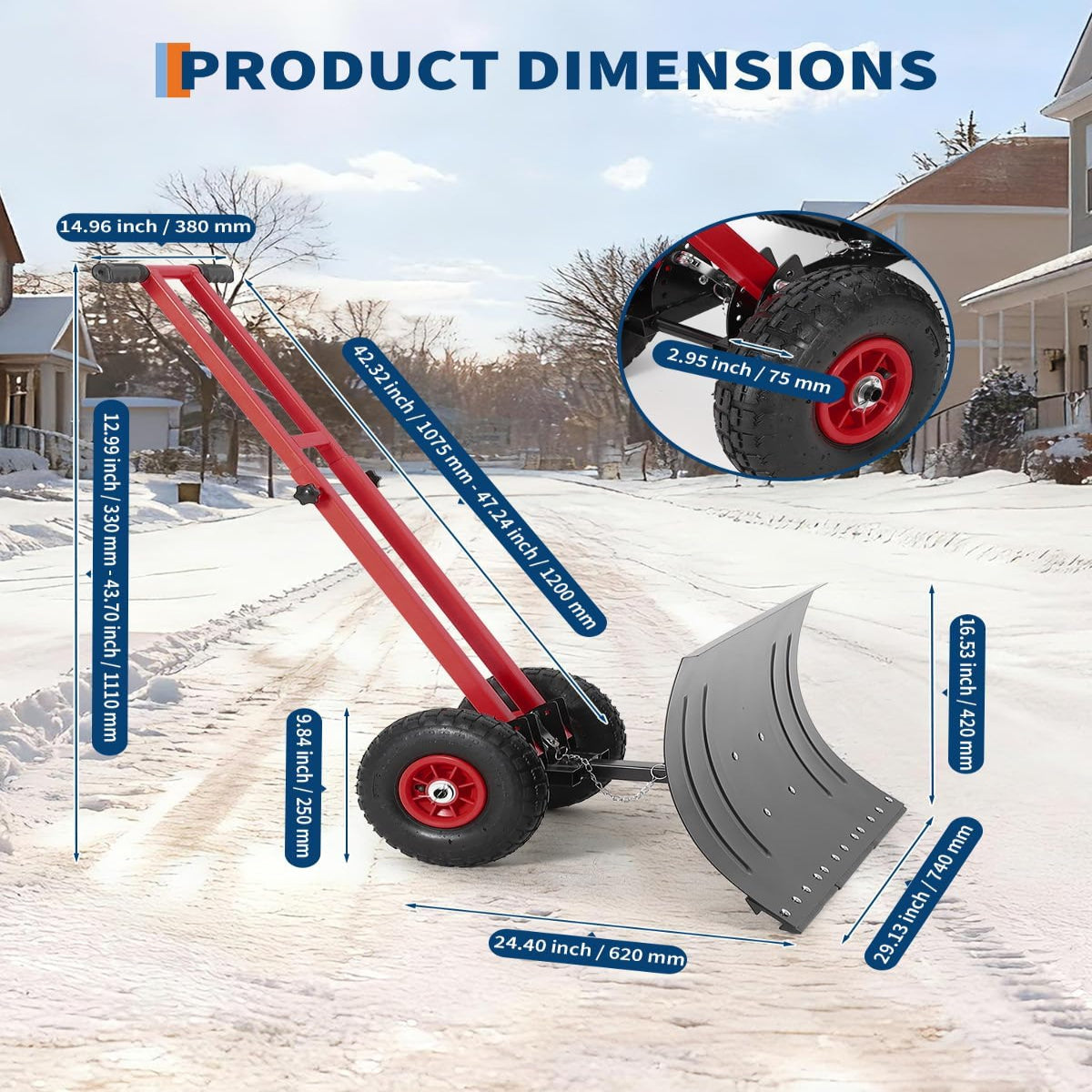 Garvee Snow Shovel 29x14in Heavy-Duty Carbon Steel 5-Position Angled Blade Adjustable Handle Wheels for Driveway Sidewalk
