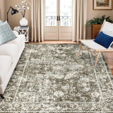 Garvee Persian Camel Green 5x7 Washable Vintage Floral Area Rug, Boho Non-Slip Indoor Foldable Carpet,Stain Resistant Distressed Print Mat for Living Room/Bedroom/ Kitchen/ Dining Room/Kids Room/Nursery - Camel Green