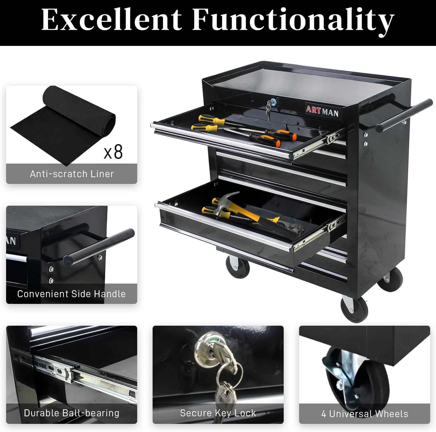 Garvee 7-Drawer Metal Rolling Tool Chest with Wheels,Heavy Duty Tool Storage Cabinet with Locking System,Toolbox with Wheels for Garage, Warehouse, Workshop, Repair Shop