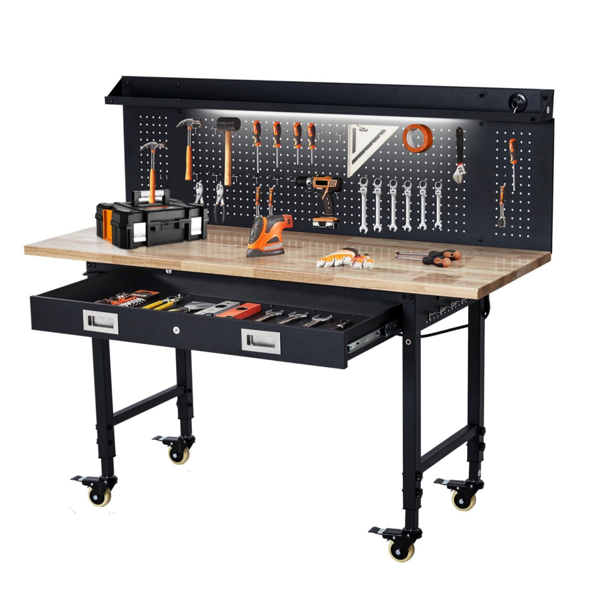 Garvee 60"x 22" Adjustable Workbench + Drawer Storage + Heavy Duty + Rubber Wood Top + Removable Pegboard + Power Outlet + Hooks + Tool Storage + Garage, Warehouse, Workshop
