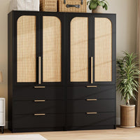 Garvee Armoire Wardrobe Closet with 3 Drawers and 2 Doors, Modern Wooden Wardrobe Cabinets for Hanging Clothes, Large Capacity Tall Standing Bedroom Armoires, Heavy Duty (Rattan, Black)