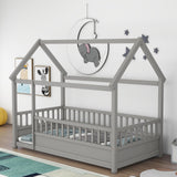 Garvee Grey Modern Twin-Full Size Wood Floor Bed with Roof Frame, High Fence, Guardrail, Adjustable, Easy Assembly
