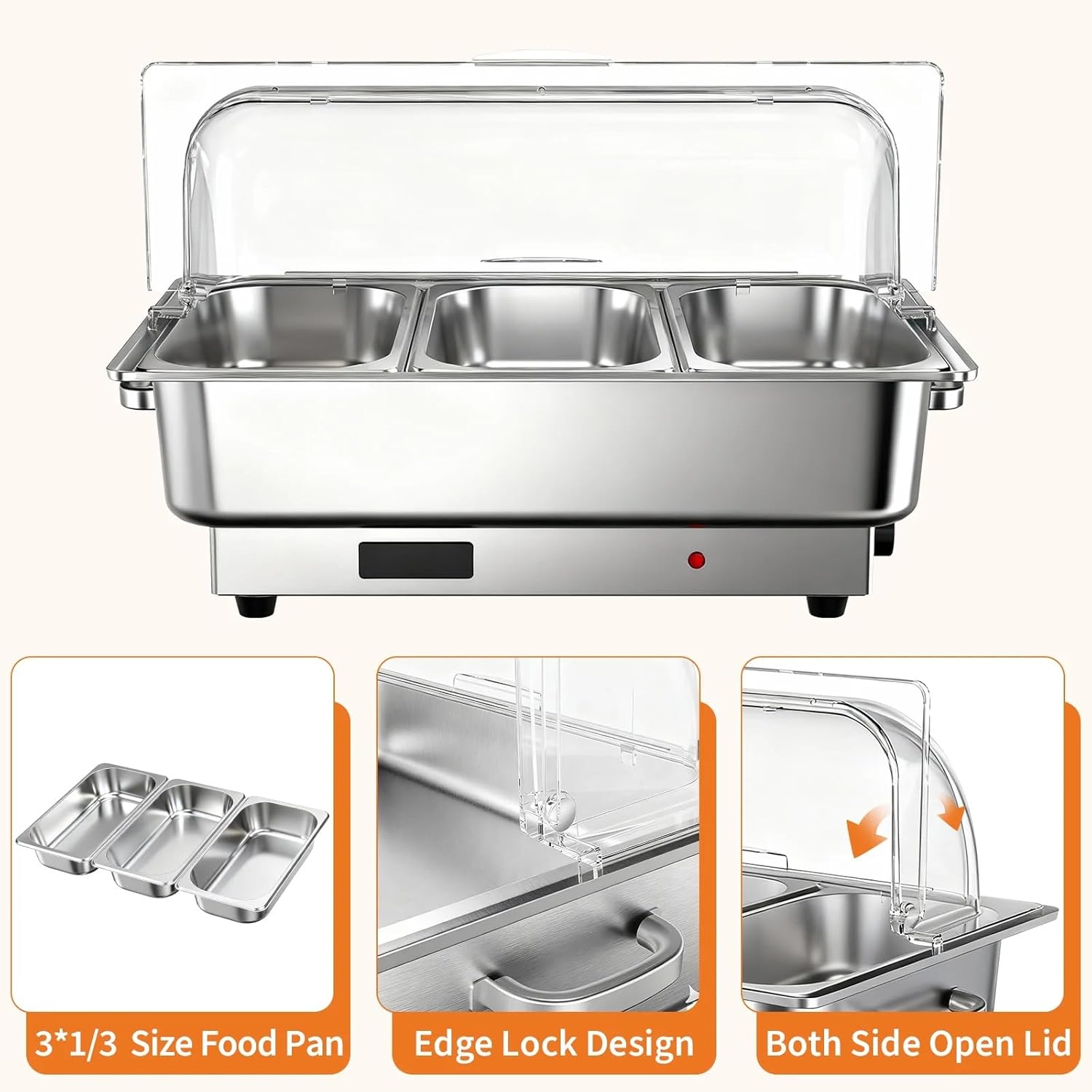 Garvee Electric Chafing Dish Buffet Set, 3 × 3 QT Roll Top Food Warmer with Transparent PC Lid, 400W Temperature Control 86-200°F, Stainless Steel Chafer for Catering Parties(2 Packs)
