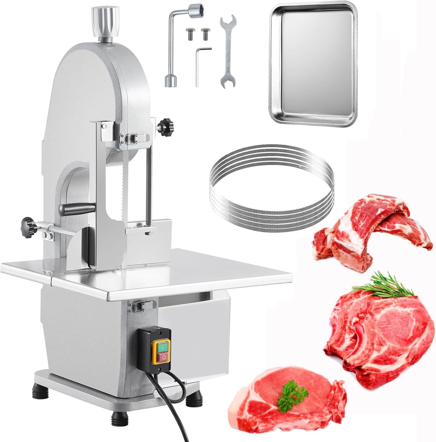 Garvee Meat Cutter Machine, 110V 1500W Electric Bone Saw, 19.3" x 15" Workbeach, 0.16-7.9 Inch Cutting Thickness, Sawing Speed 19m/s, 2.01HP Butcher Bandsaw With 5 Saw Blades for Fish Beef