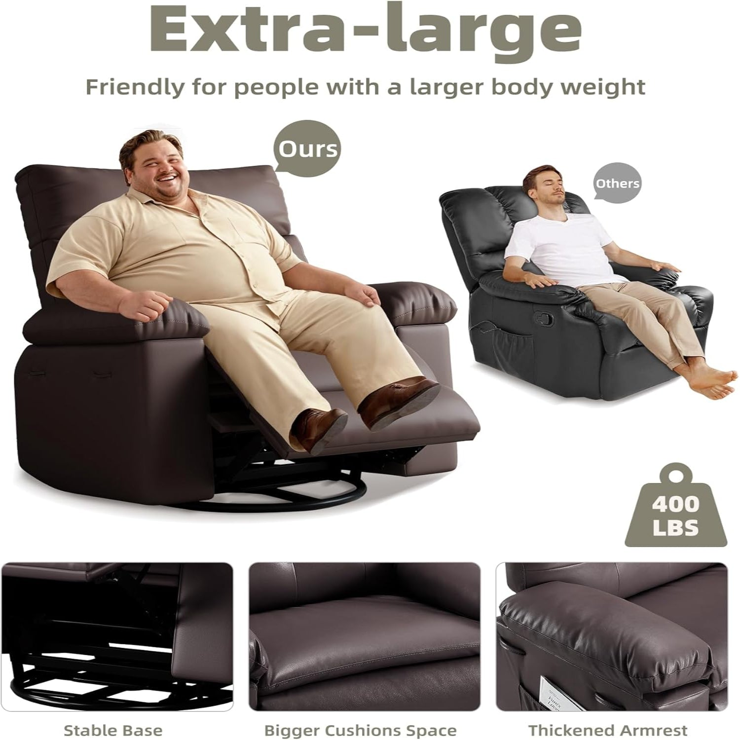 Garvee Oversized Wide Massage Recliner Chair, PU Leather Large Manual Recliner for Adults, Ultimate Comfort Lazy Boy with 1.5X Sponge Filling and Easy Recline Mechanism for Relaxation, Coffee