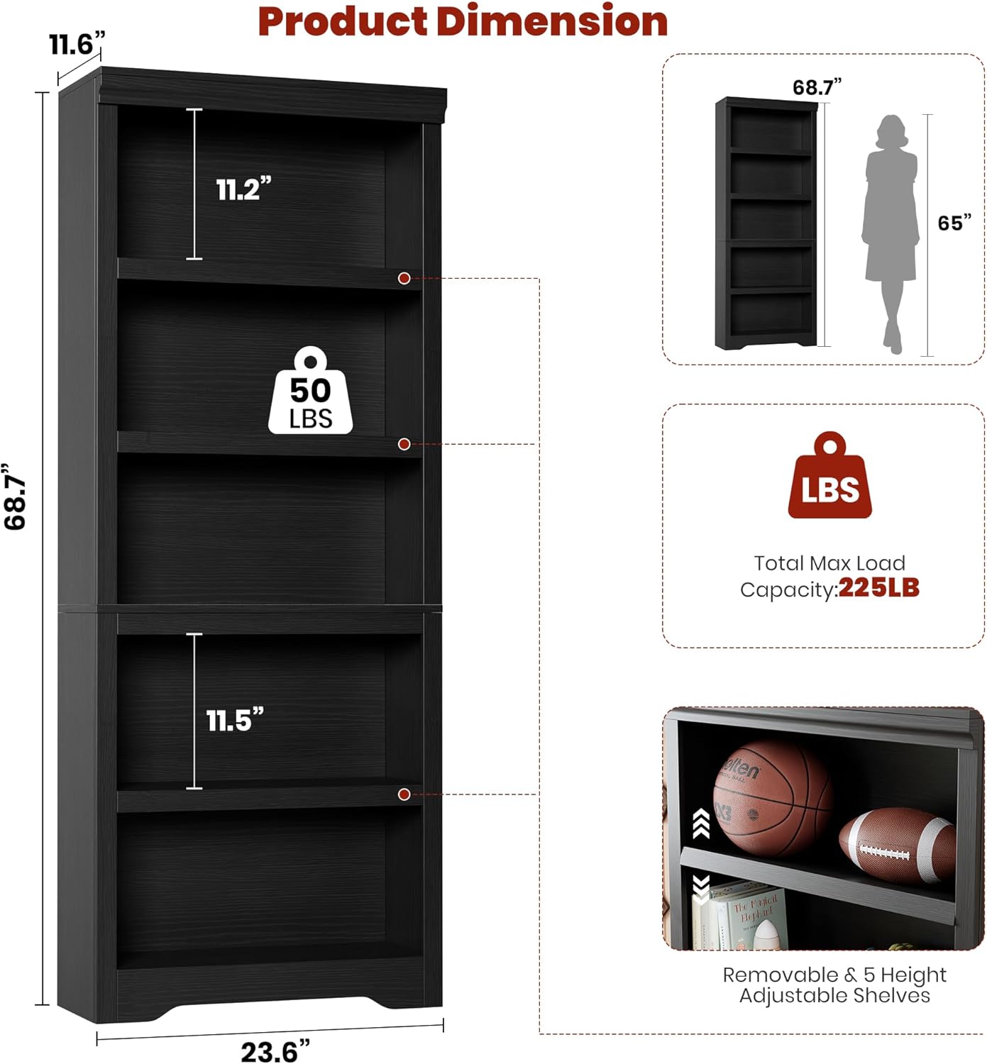 Garvee 5 Tier Bookshelf, 69" Tall Farmhouse Bookcase with Adjustable Shelves, 23.6" W Floor Standing Open Display Storage Rack with Anti-Slip Design for Home Office, Balcony, Library, Study / Living Room, Black