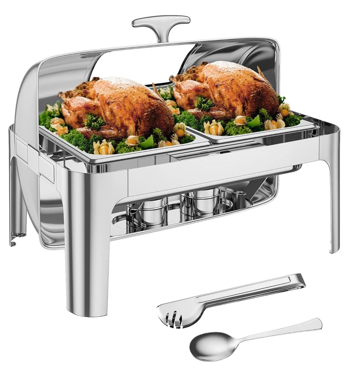 Garvee 9QT(2x1/2Pan)Rectangle Roll Top Chafing Dish Buffet Set, Stainless Steel Chafing Dish Set Equipped with Full Size Pan Chafer for Wedding,Parties,Banquet,Catering Event,1 Pack