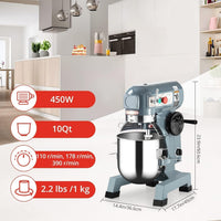Garvee Commercial Stand Mixer 10Qt 450W 3-Speed Stainless Steel Bowl Timing Function Safety Guard for Schools Bakeries Restaurants