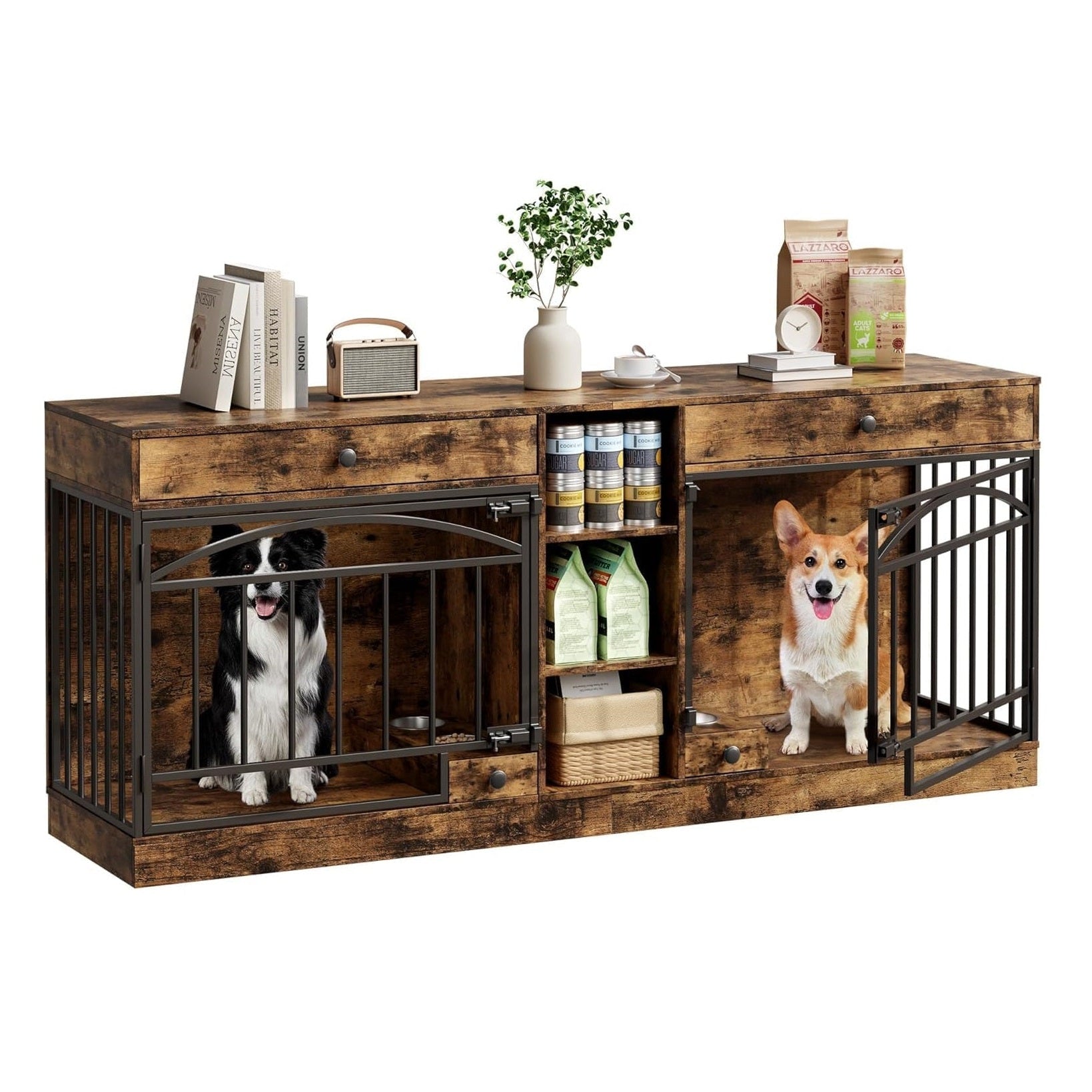 Garvee Dog Crate Furniture for 2 Dogs, 78.7" Large Dog Kennel Indoor with 2 Storage Drawers, 3 Shelves and Feeding Bowls, Double Dog Crate TV Stand for Small and Medium Dogs, Brown