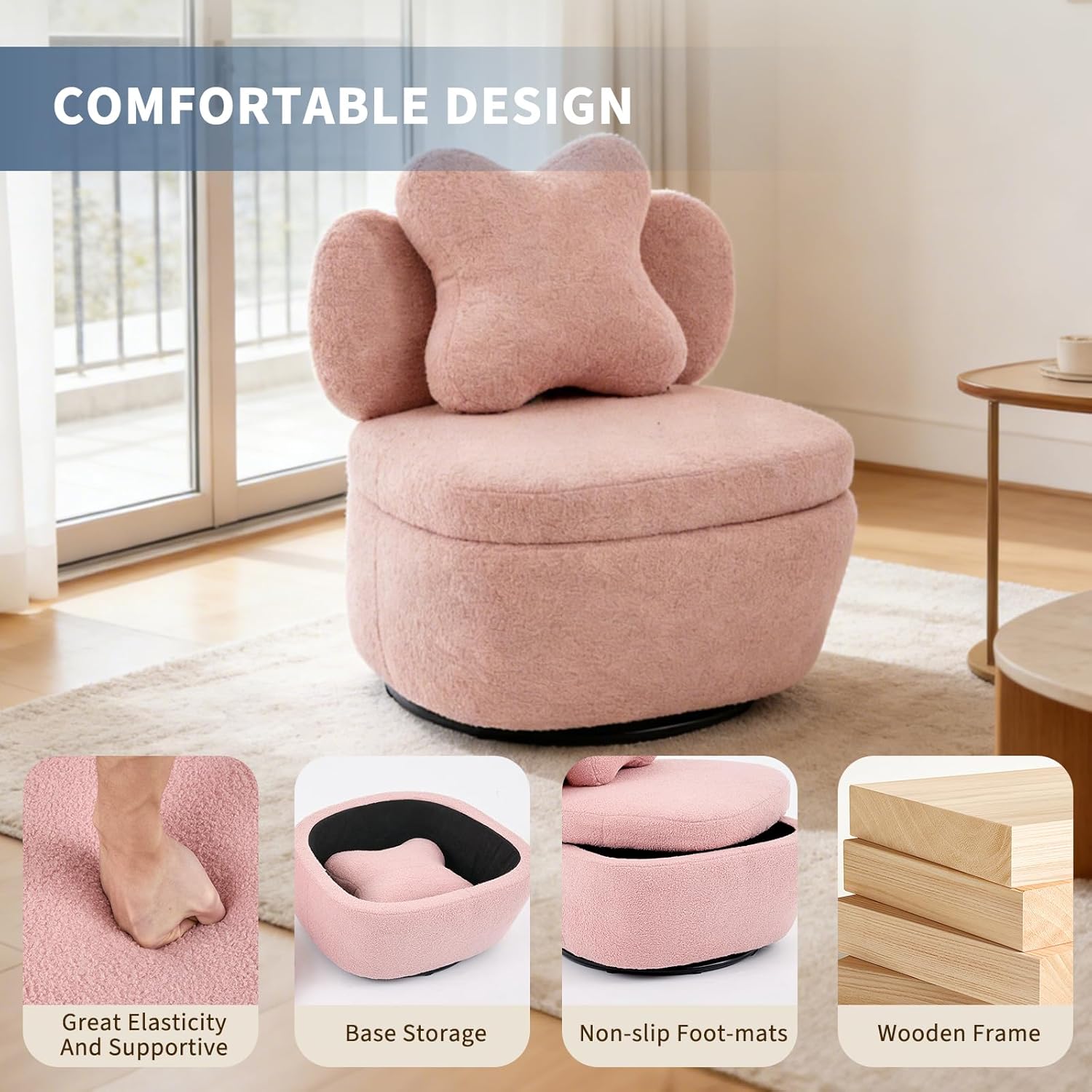Garvee 360° Swivel Armchair with Storage, Teddy Velvet Accent Chair with Pillow, Ergonomic Design, 300 Lbs Capacity, Easy Assembly, Modern Lounge Chair for Living Room, Bedroom & Office, Pink