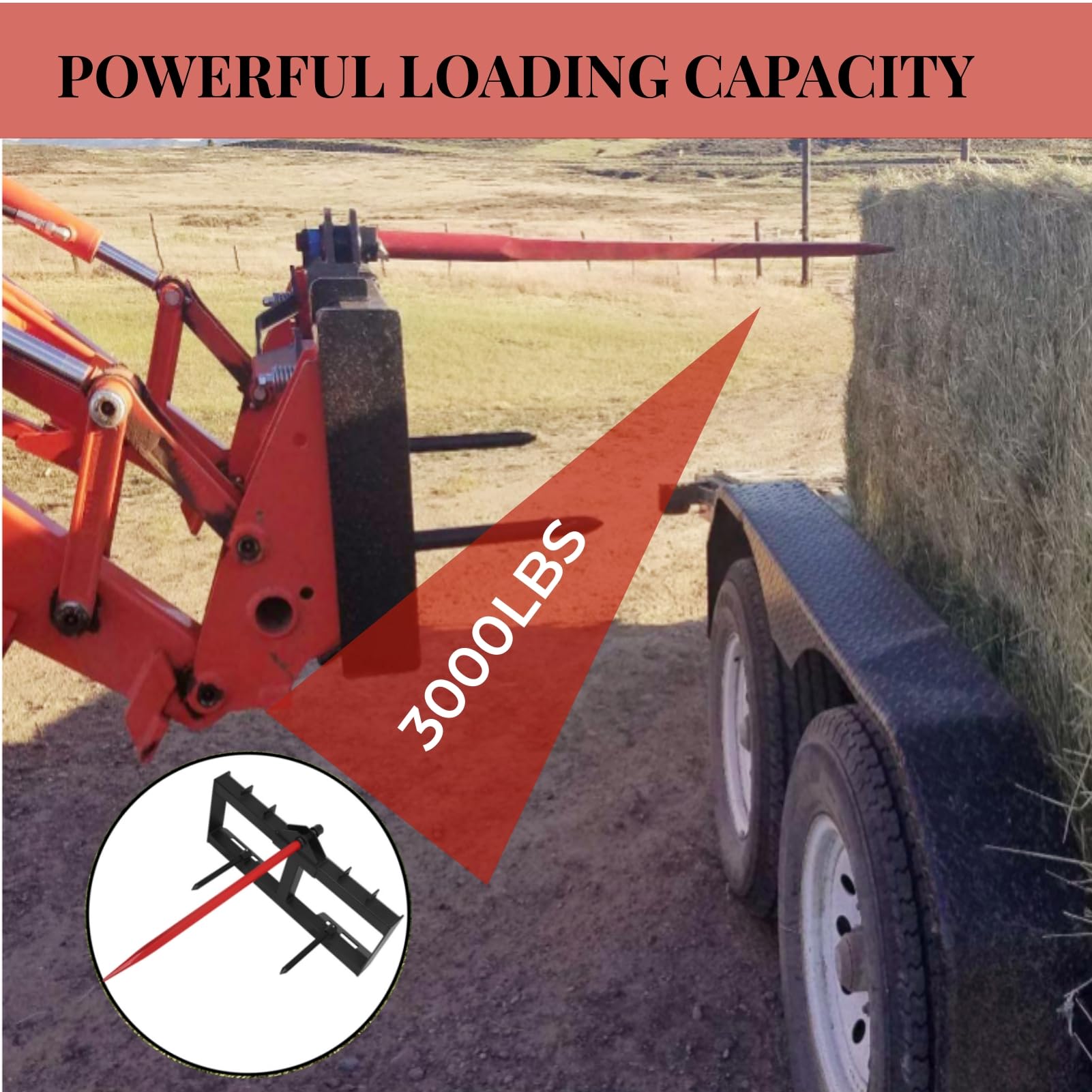Garvee 49 Inch Bale Spear 3000 lbs Capacity Hay Red Coated Bale Forks