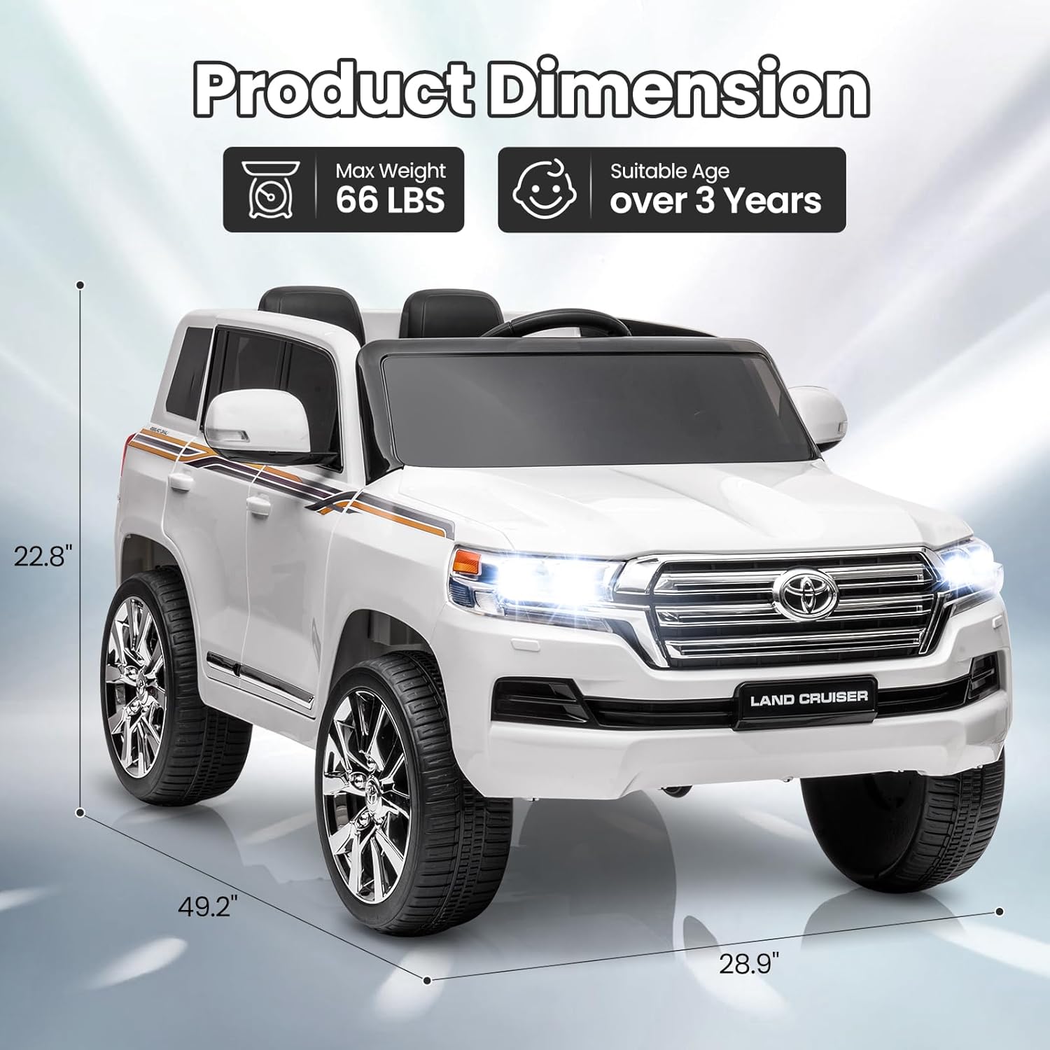 Garvee Ride - P Series: 12V Toyota Land Cruiser Kids' Car: Remote, LED, 3 Speeds, Dual 45W Motors, USB Music, Seat Belt, CPC & ASTM Approved - White
