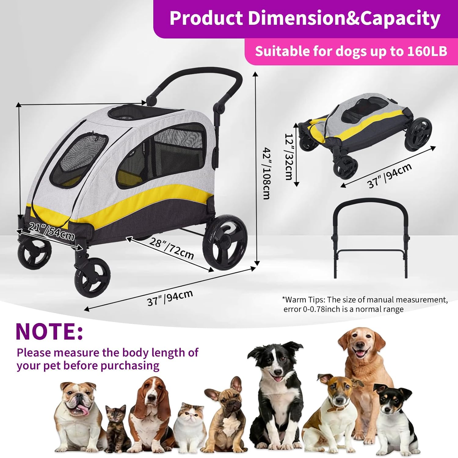 Garvee Foldable Dog Stroller, Large Dog Carrier with 360° Wheels, Adjustable Handle & Storage Pocket, Portable Puppy Travel Strollers, Pet Wagon for Large Dogs, 135 Lbs Capacity, Yellow