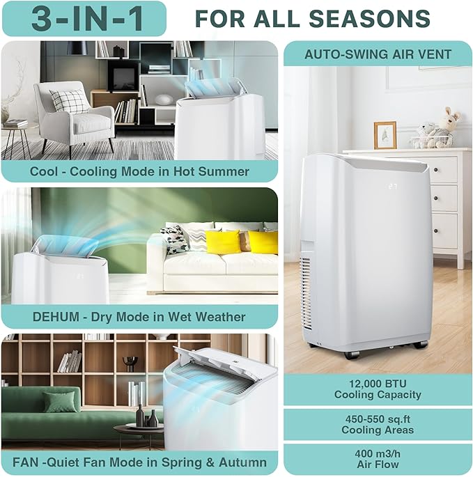 Garvee 3-in-1 Portable Air Conditioner - 12,000 BTU Capacity, Remote Control, Fast Cooling for Up to 550 Sq. Ft., Low Noise Operation, Sleep Mode & 24-Hour Timer - White