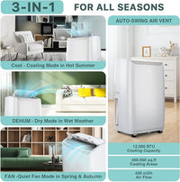 Garvee 3-in-1 Portable Air Conditioner - 12,000 BTU Capacity, Remote Control, Fast Cooling for Up to 550 Sq. Ft., Low Noise Operation, Sleep Mode & 24-Hour Timer - White