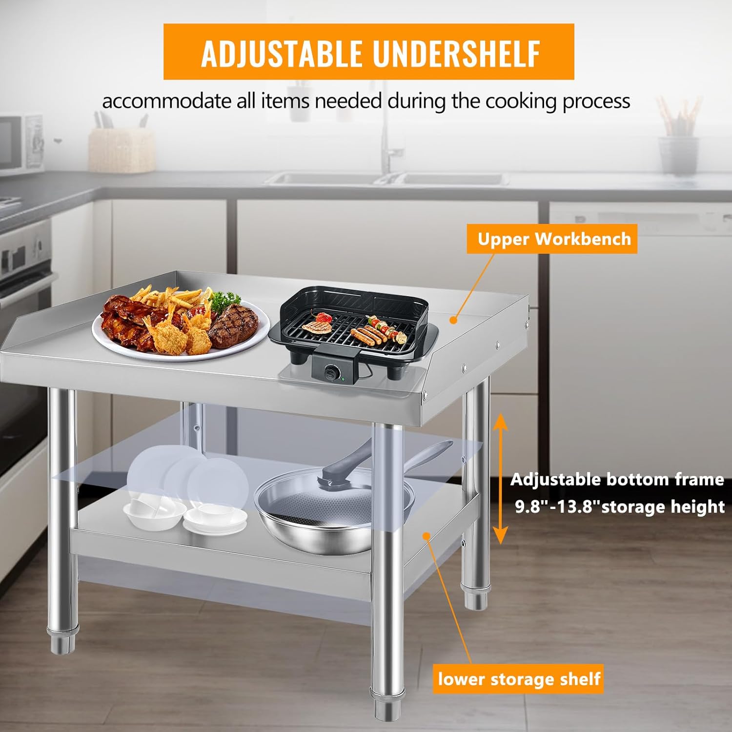 GARVEE 48"L x 28"W x 24"H Stainless Steel Equipment Grill Stand - Adjustable Undershelf, Durable Grill Table for Home, Hotel, and Commercial Restaurant Kitchens