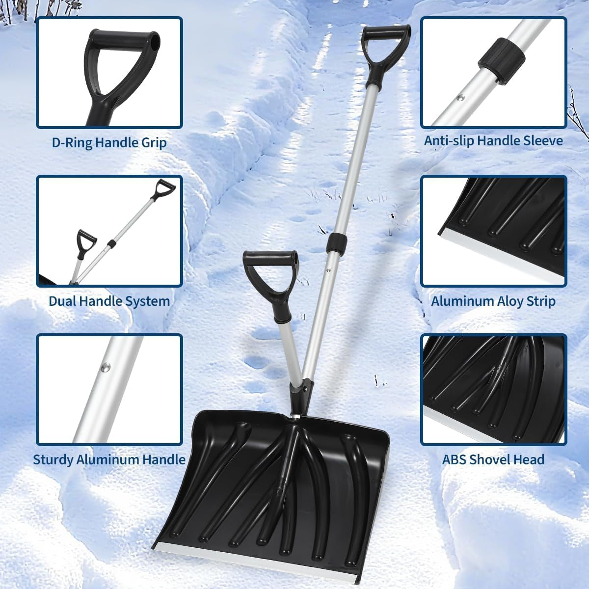 Garvee 17.7"W X 12.6"H Ergonomic Dual D-Ring Snow Shovel – 18" Wide Blade with Aluminum Edge – Lightweight Snow Removal Tool for Driveway, Walkway, Car, Yard – Black Shovel with Silver Rod