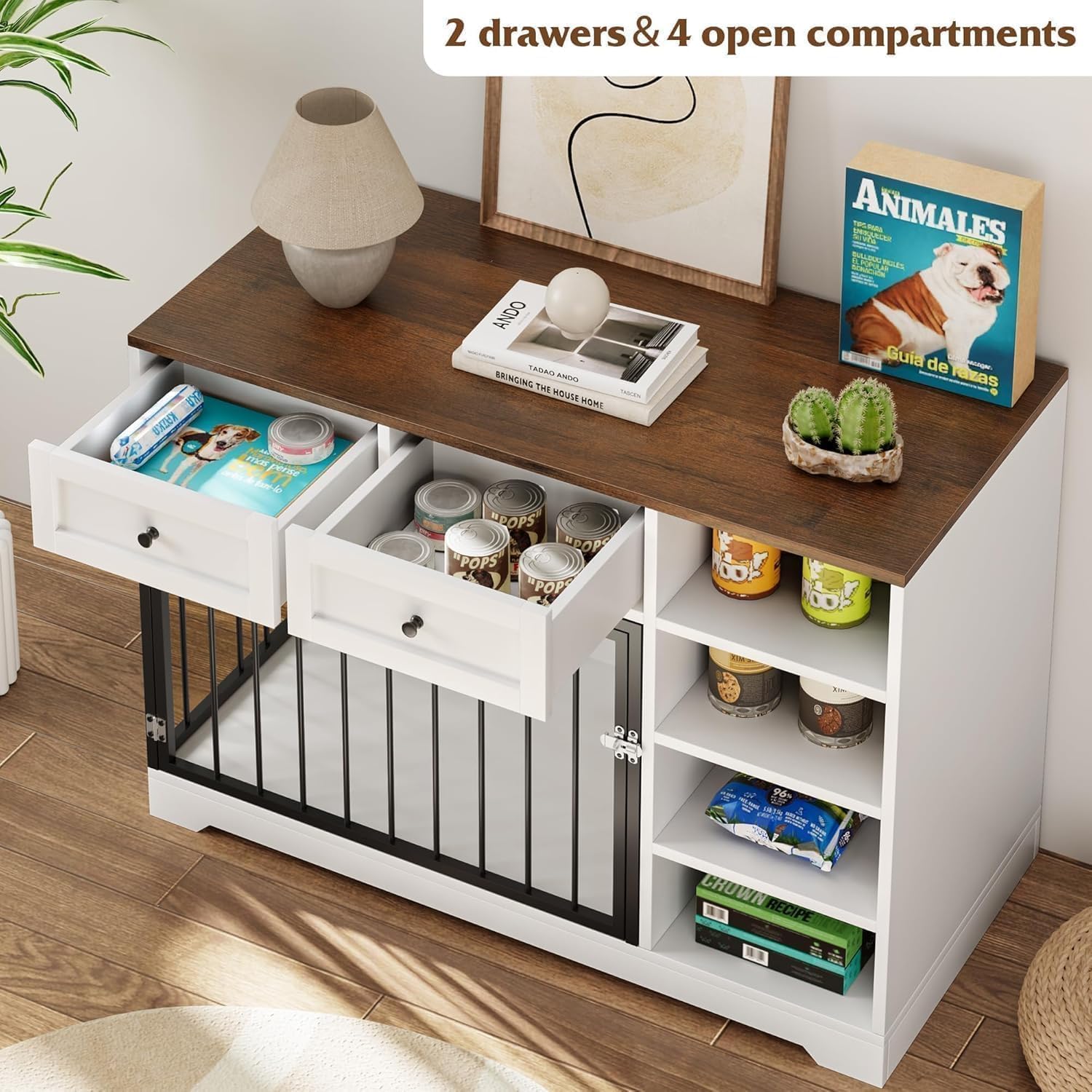 Garvee 47" Dog Crate Furniture Indoor with 2 Drawers & 4 Shelves, Large Dogs Kennel Furniture TV Stand, Wooden Dog Cage for Large Medium Dogs, White & Brown Top
