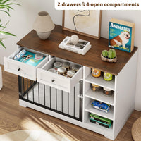 Garvee 47" Dog Crate Furniture Indoor with 2 Drawers & 4 Shelves, Large Dogs Kennel Furniture TV Stand, Wooden Dog Cage for Large Medium Dogs, White & Brown Top