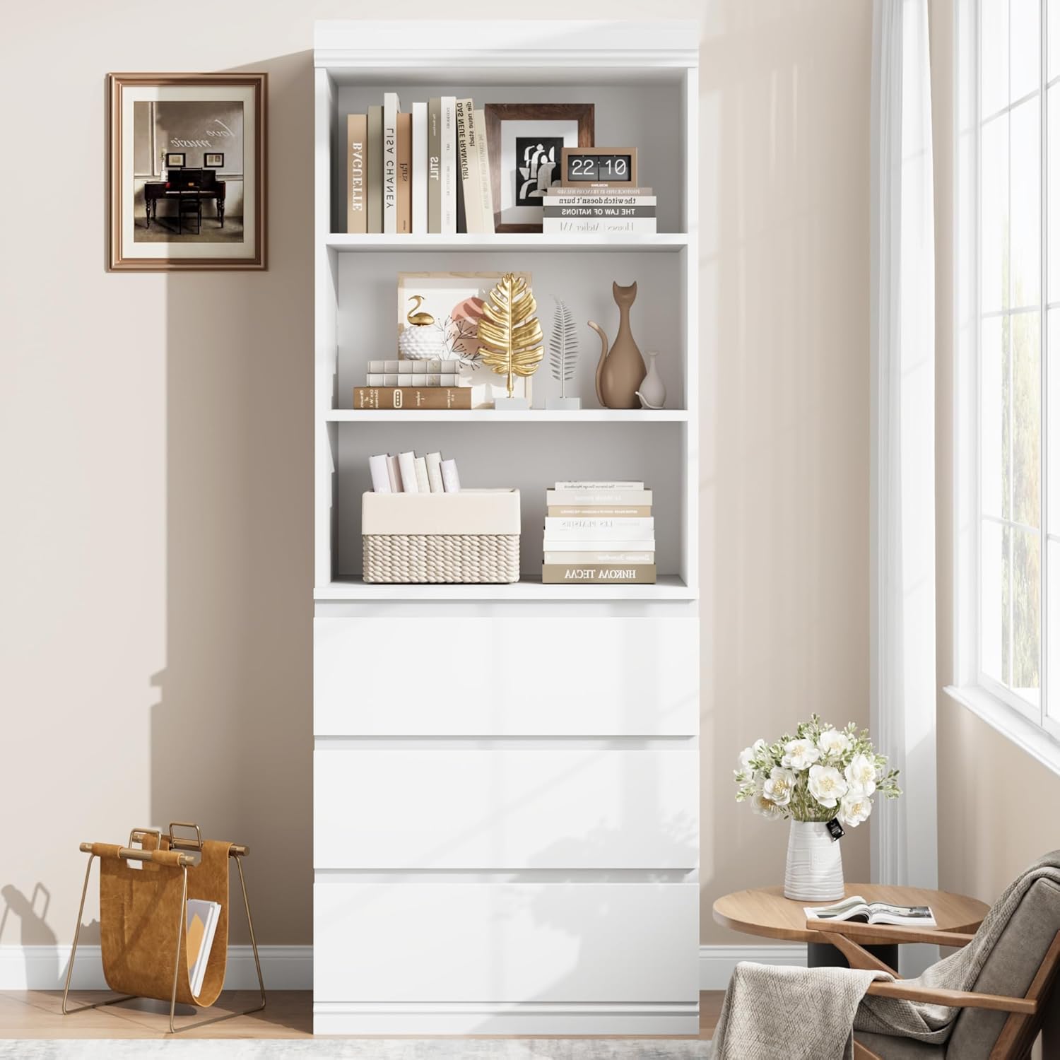 Garvee 70" Tall Bookcase with 3 Drawers, Farmhouse Bookshelf with 3 Tier Open Shelves, Modern Deep Storage Book Shelf Storage Cabinet Organizer for Living Room Office Library, White