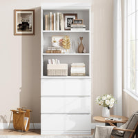 Garvee 70" Tall Bookcase with 3 Drawers, Farmhouse Bookshelf with 3 Tier Open Shelves, Modern Deep Storage Book Shelf Storage Cabinet Organizer for Living Room Office Library, White