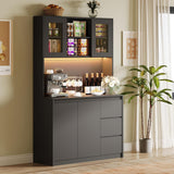 Garvee Kitchen Pantry Cabinet with Led Lights and Charging Station, Modern Kitchen Cabinet Hutch Cabinet with Storage and Microwave Stand, Tall Pantry Cabinet Buffet Cabinet with Countertop, Black