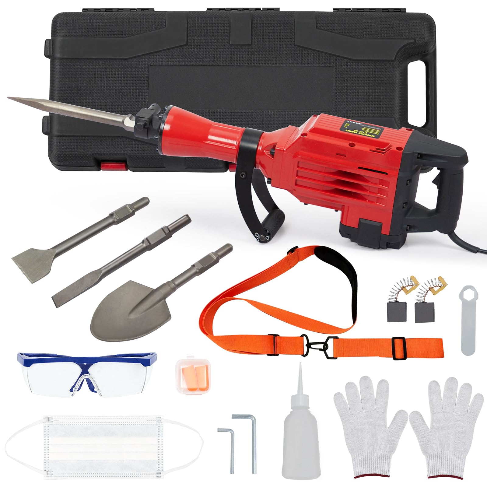 Powerful GARVEE 3600W Electric Demolition Jack Hammer with 4 Chisels and Safety Gear